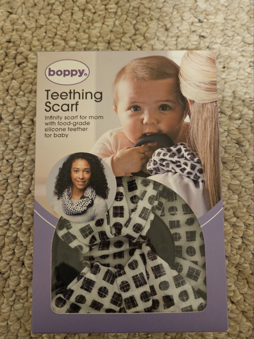 Boppy Teething Scarf Infinity Silicone Teether Circles Squares Black/White NIB